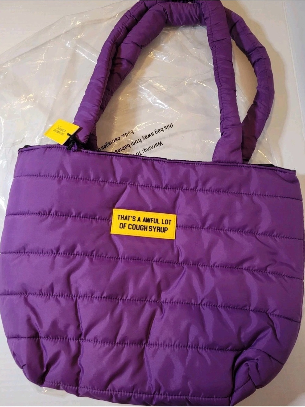 Purple Quilted Tote with Yellow Patch Accent